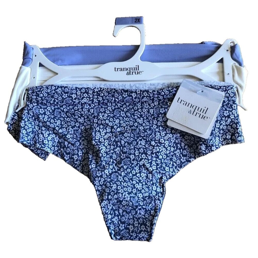 3 Pair Tranquil & True Women's 1X Thong Briefs Panties Underwear Blues Floral